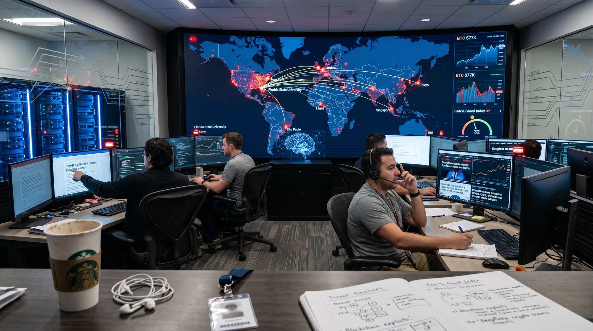 Cybersecurity team monitors AI threats on multi-monitor setup in high-tech operations center with global maps and server racks