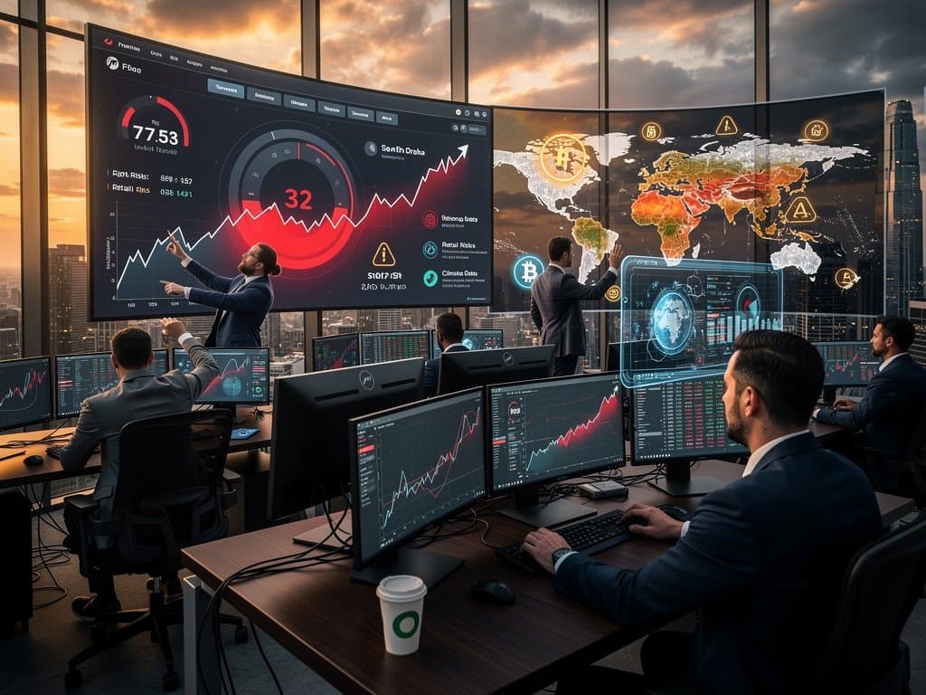Abstract dashboard with Fear & Greed Index at 32, Bitcoin at $77,583 chart, global risk map highlighting crypto concerns in emerging markets