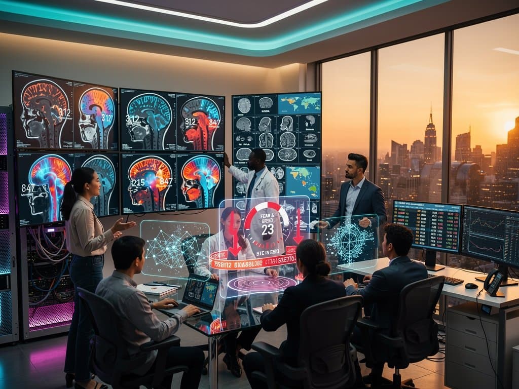 AI opportunistic screening: head CT with heart risk AI overlays in global tech-finance workspace