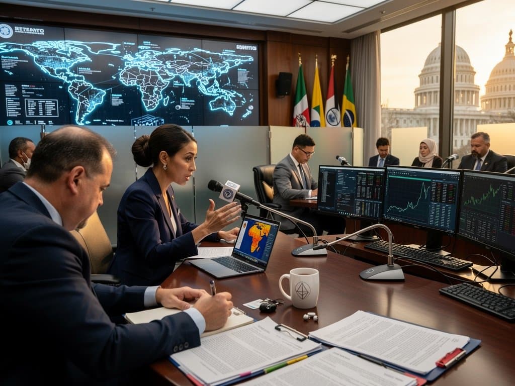 Global experts and lawmakers collaborate on AI screens and crypto charts in modern U.S. House hearing room