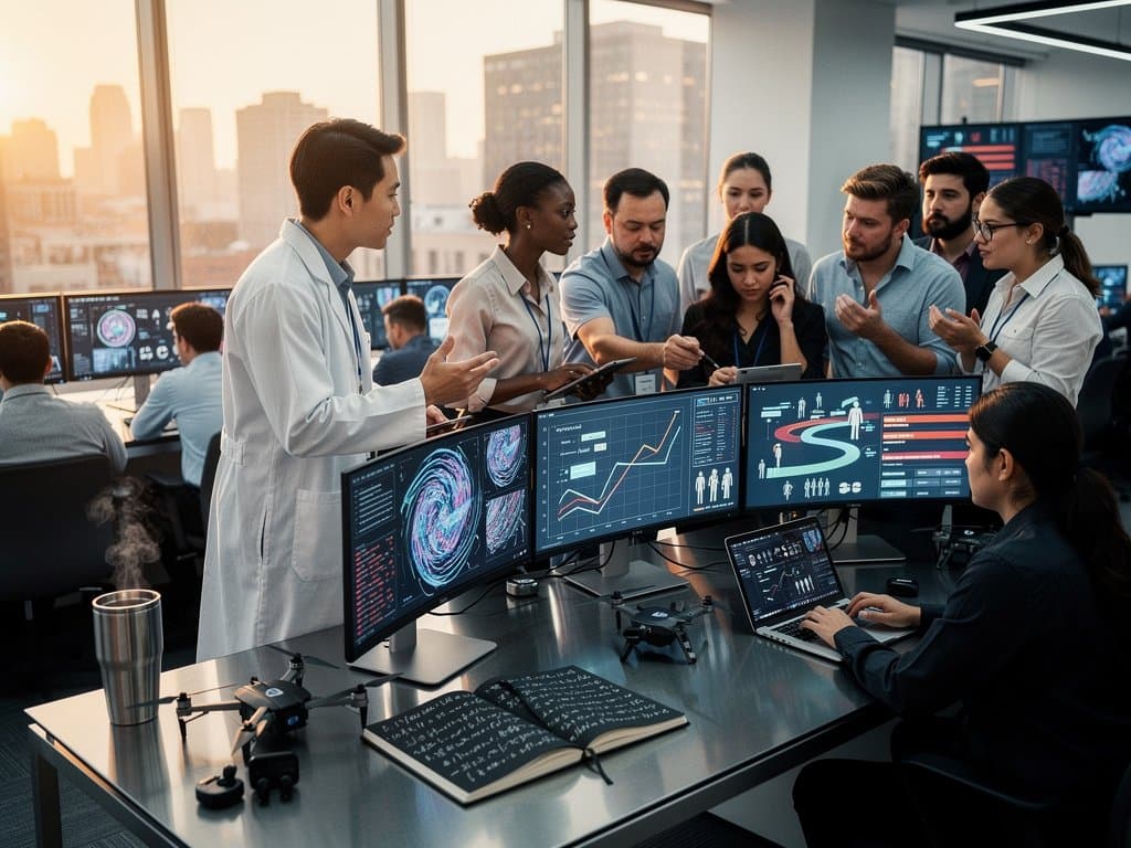 Diverse AI team discusses job growth charts in modern global tech lab with city skyline view